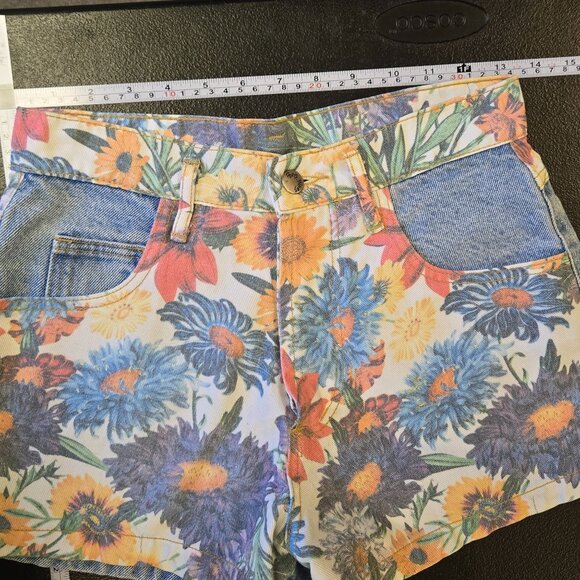 Vintage Paris Blues Floral Denim High-Waisted Retro Soft Girl Shorts 27 Rare - Picture 5 of 8